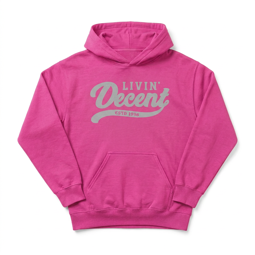 Pink hoodie with grey print on white