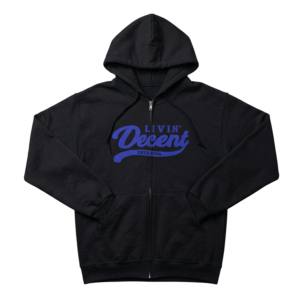 Black and royal blue zip hoodie flat lay