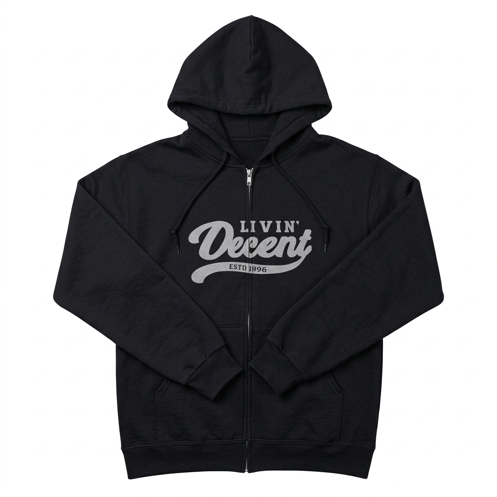 Black and silver zip hoodie flat lay