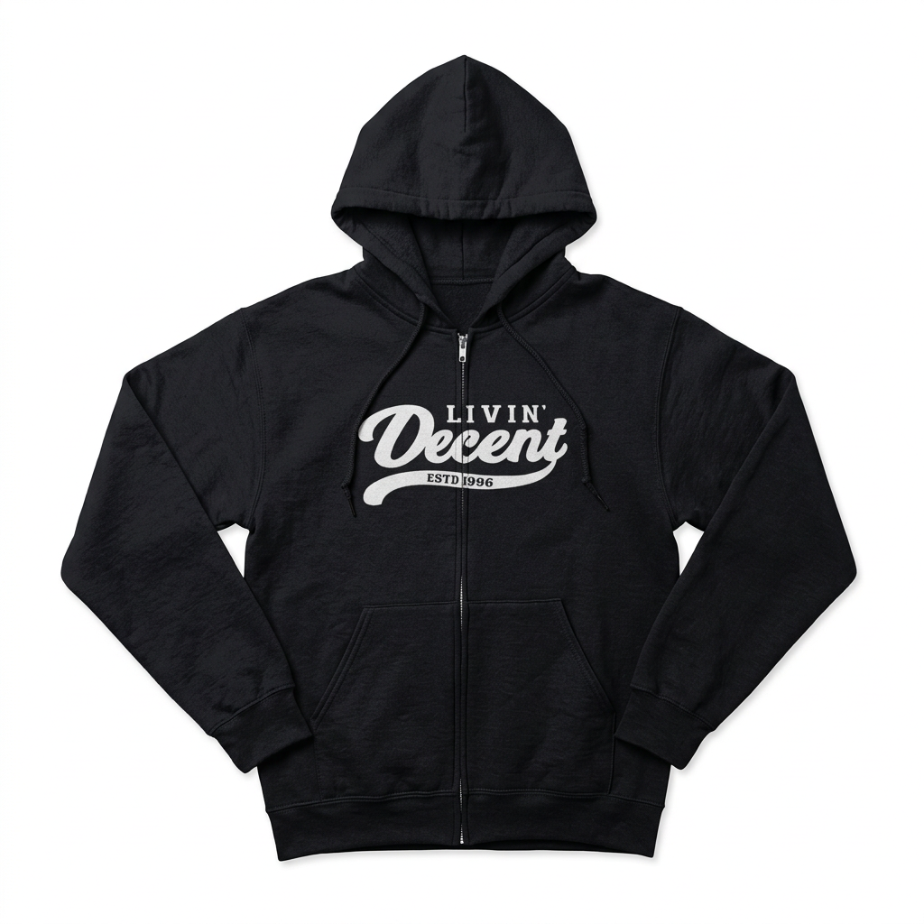 Black and white zip hoodie flat lay