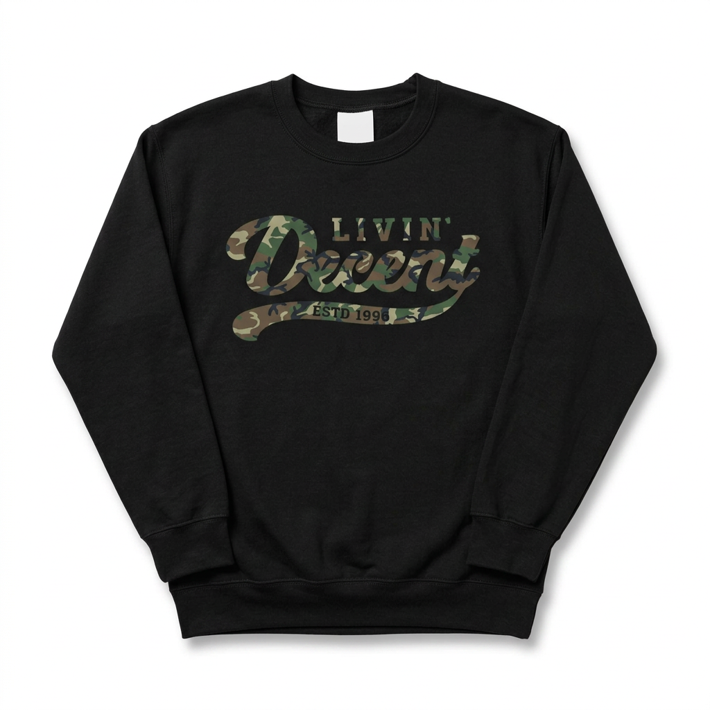 Black crewneck with camo logo