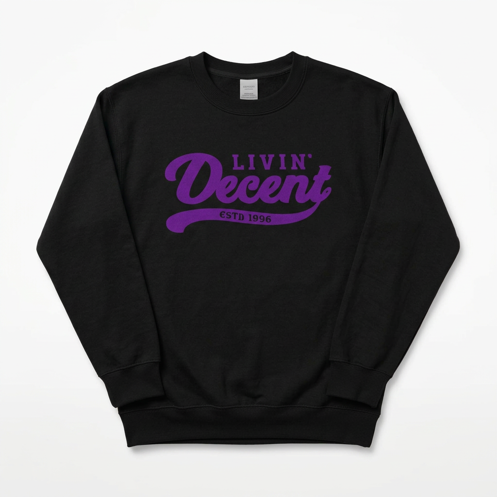 Black crewneck with purple logo