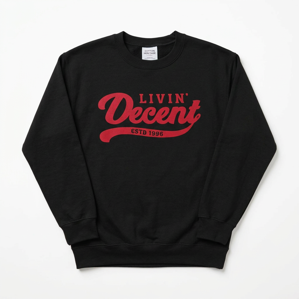 Black crewneck with red logo