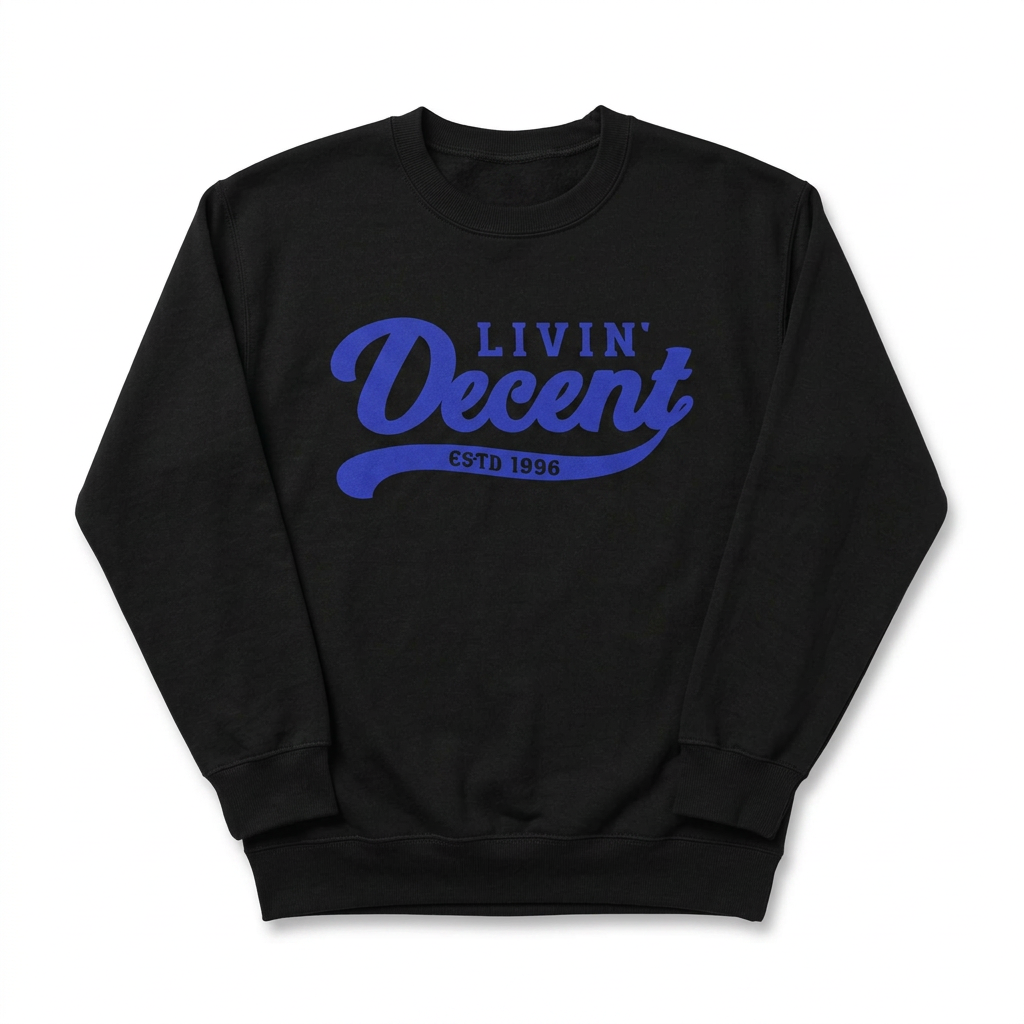 Black crewneck with royal blue logo