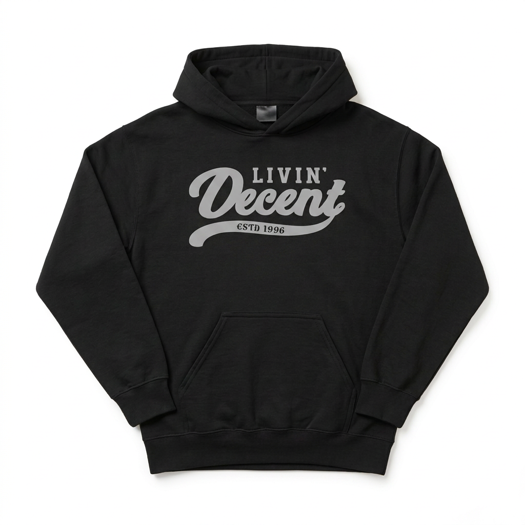 Black hoodie with grey print on white