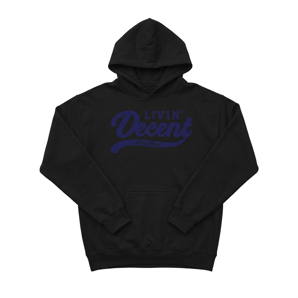 Black hoodie with navy print
