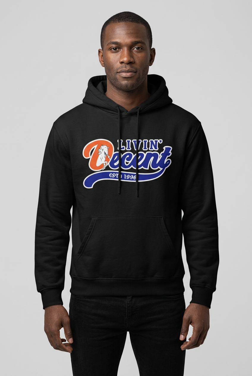 Black male model wearing the black Denver hoodie