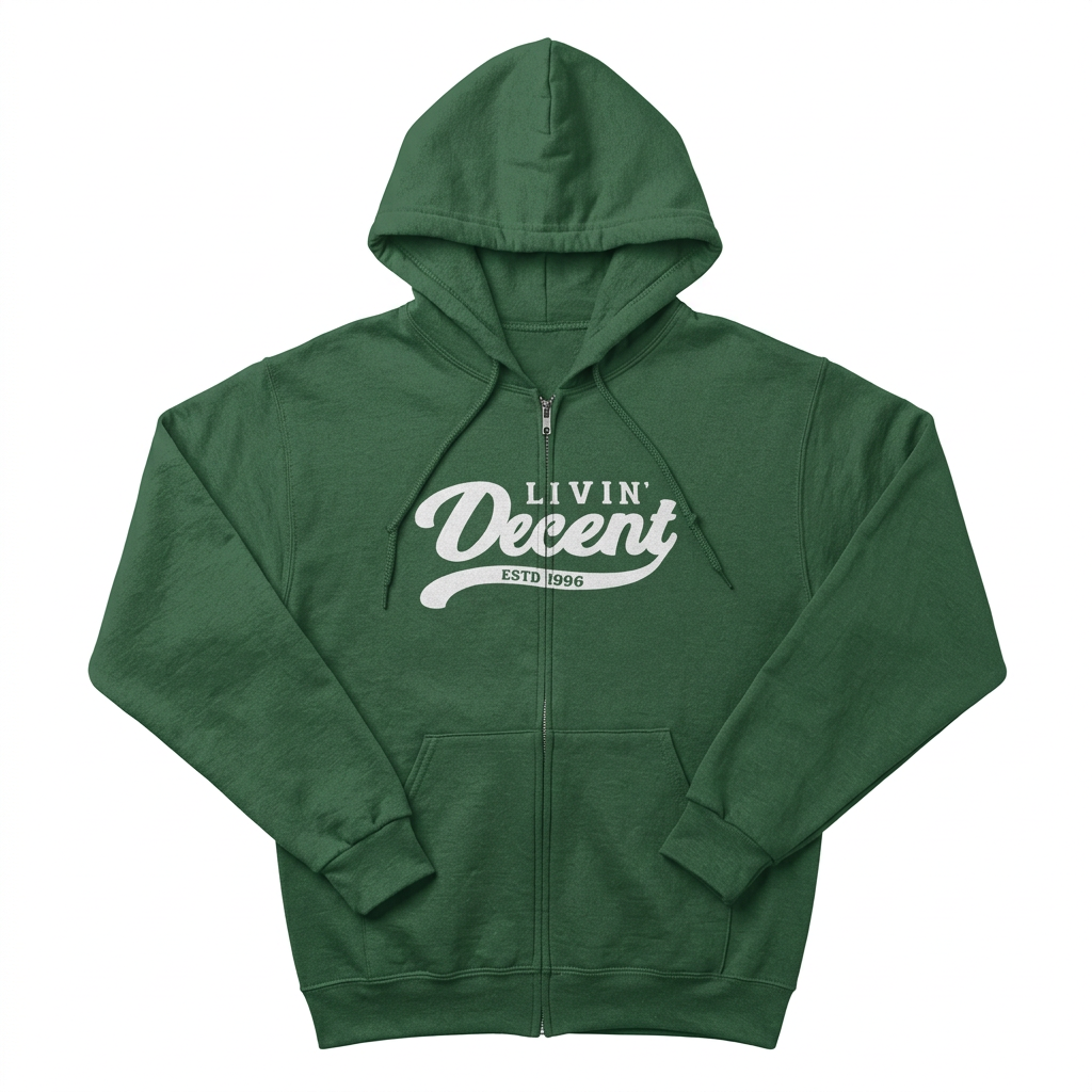 Forest green and white zip hoodie flat lay