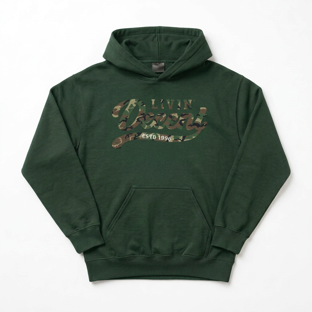 Forest green camo hoodie mockup