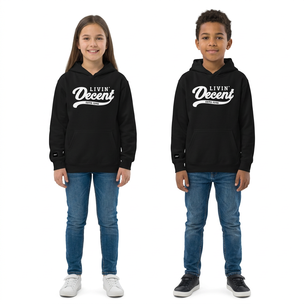 Girl and boy wearing black Livin’ Decent youth hoodies with white print