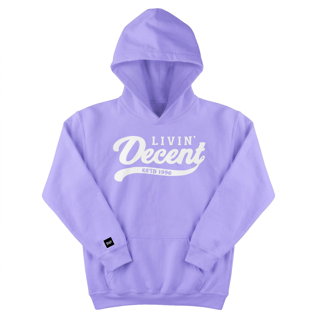 Lavender youth hoodie with white print