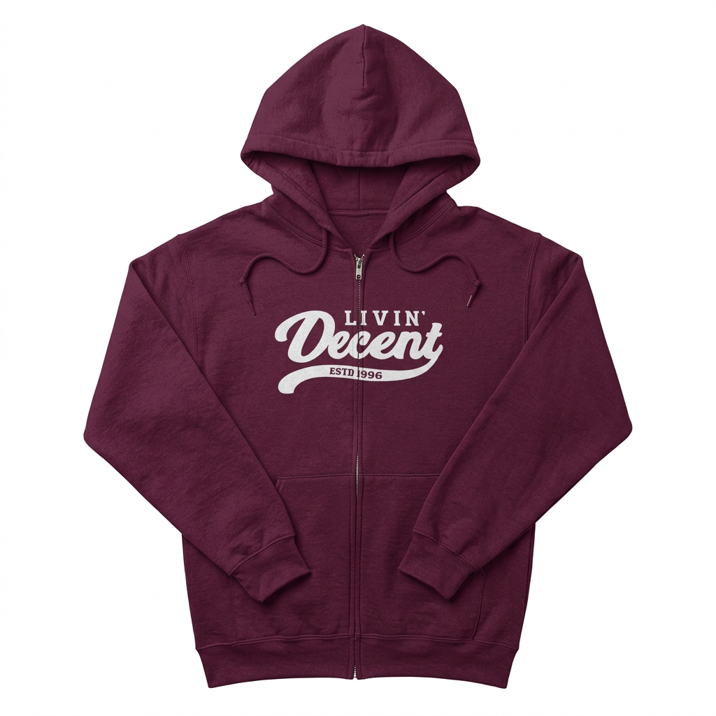 Maroon and white zip hoodie flat lay