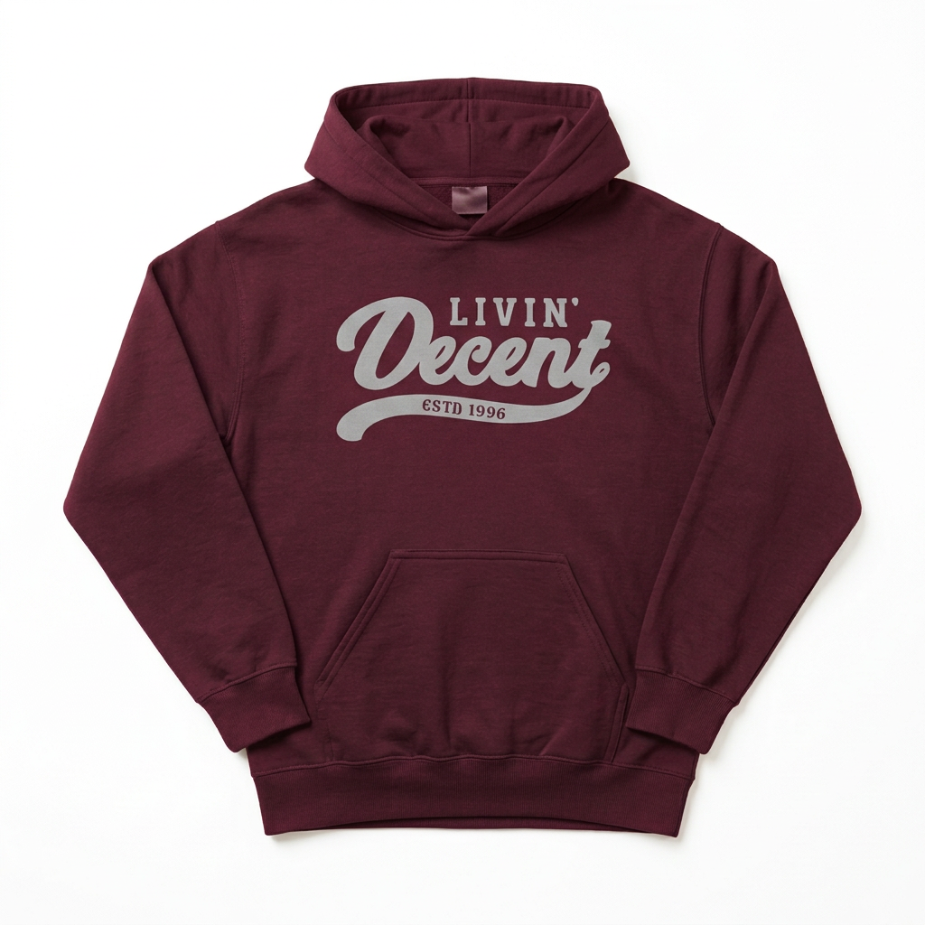 Maroon hoodie with grey print on white