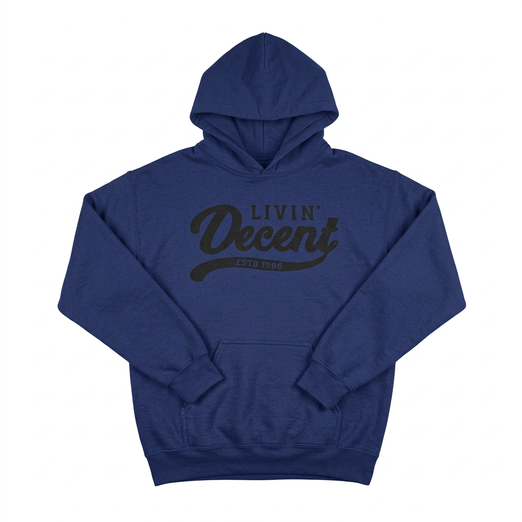 Navy hoodie with black print
