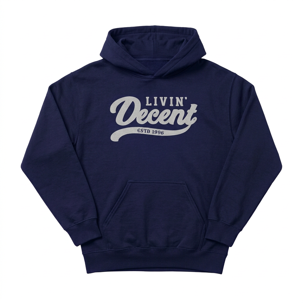Navy hoodie with grey print on white