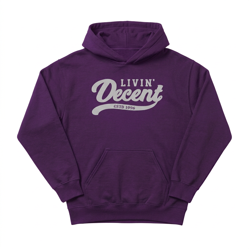 Purple hoodie with grey print on white