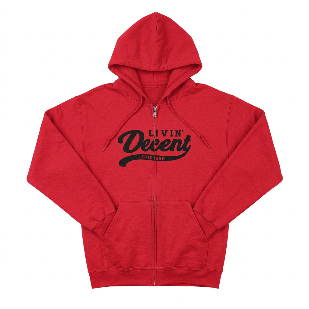 Red and black zip hoodie flat lay