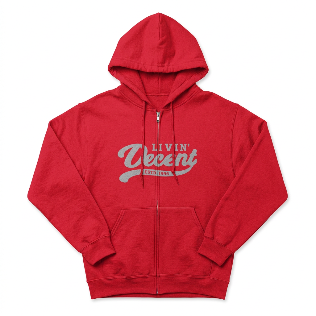 Red and silver zip hoodie flat lay
