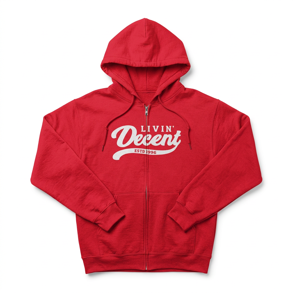 Red and white zip hoodie flat lay