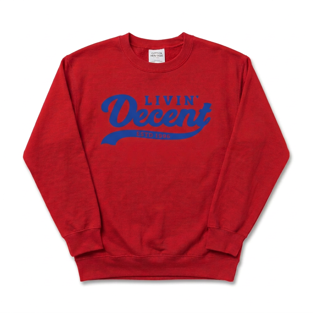 Red crewneck flat-lay mockup with royal blue logo