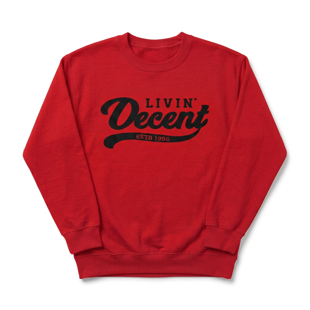 Red crewneck with black logo