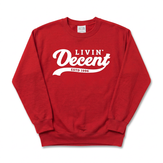 Red crewneck with white logo
