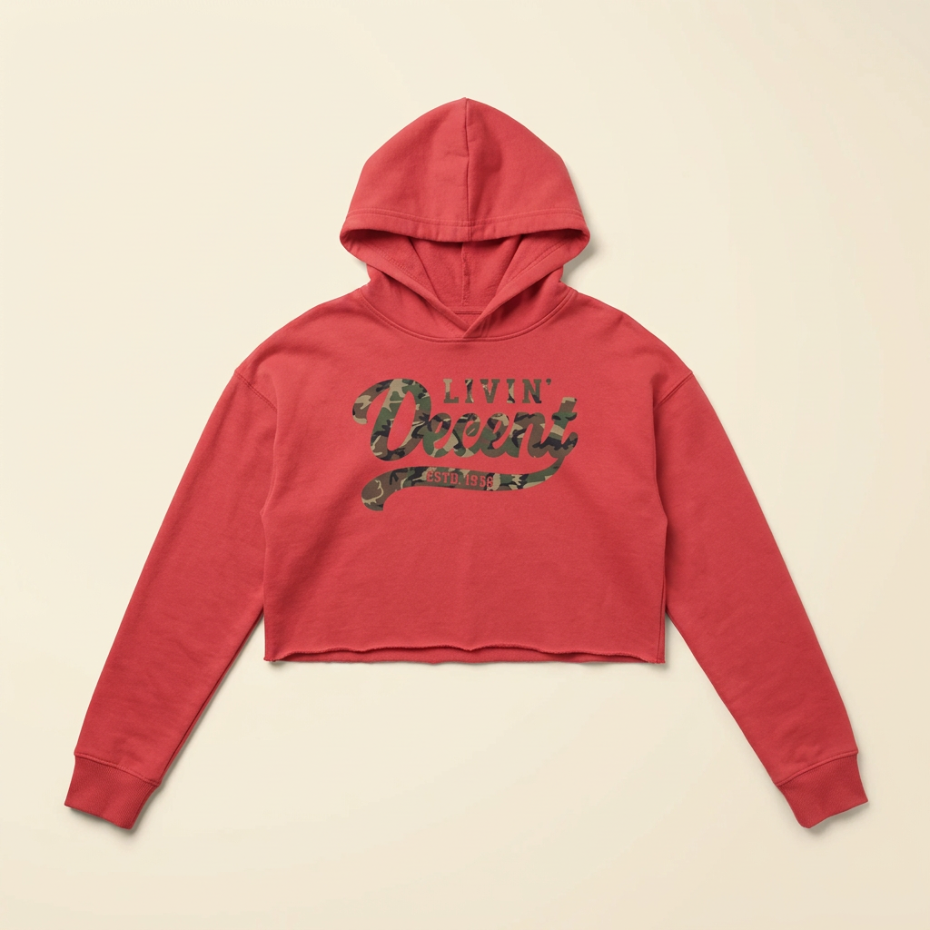 Red cropped hoodie with camo logo