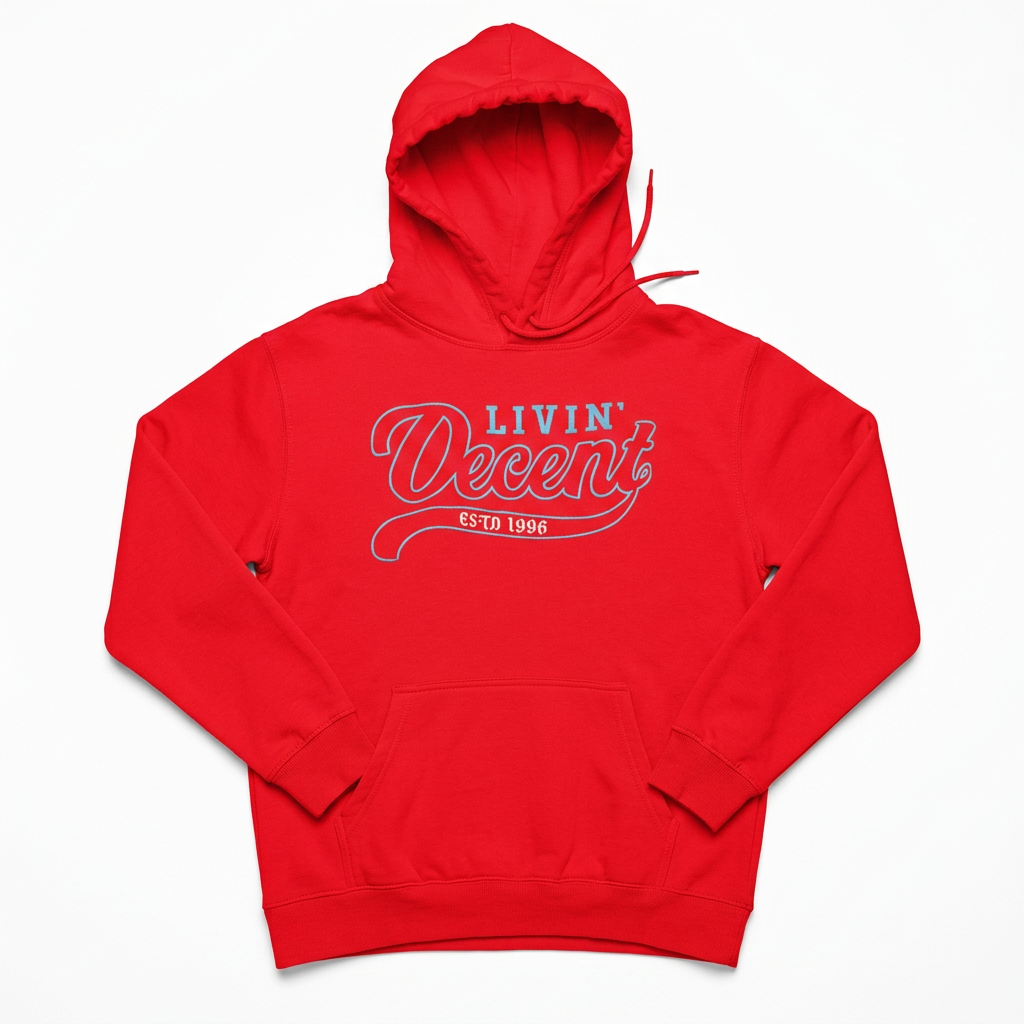 Red hoodie with baby blue embroidery