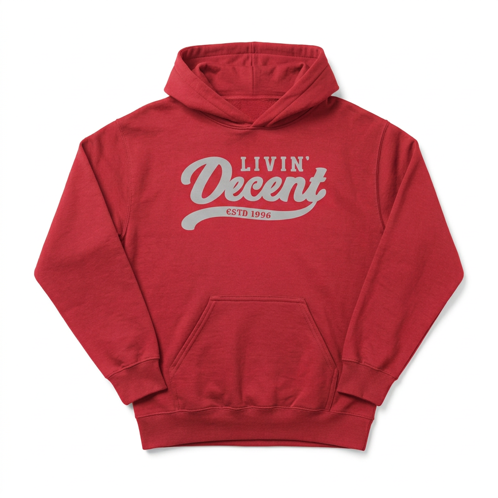 Red hoodie with grey print on white