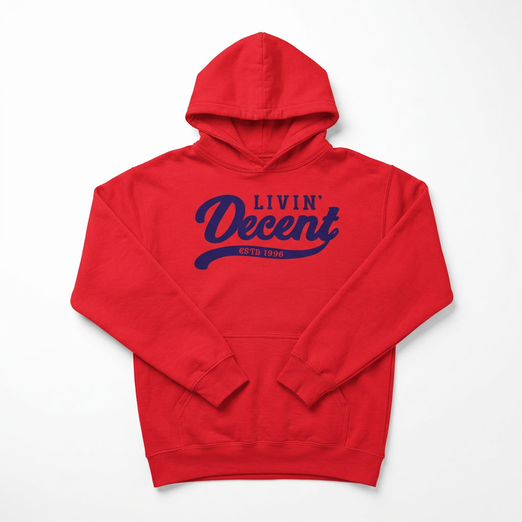 Red hoodie with navy print