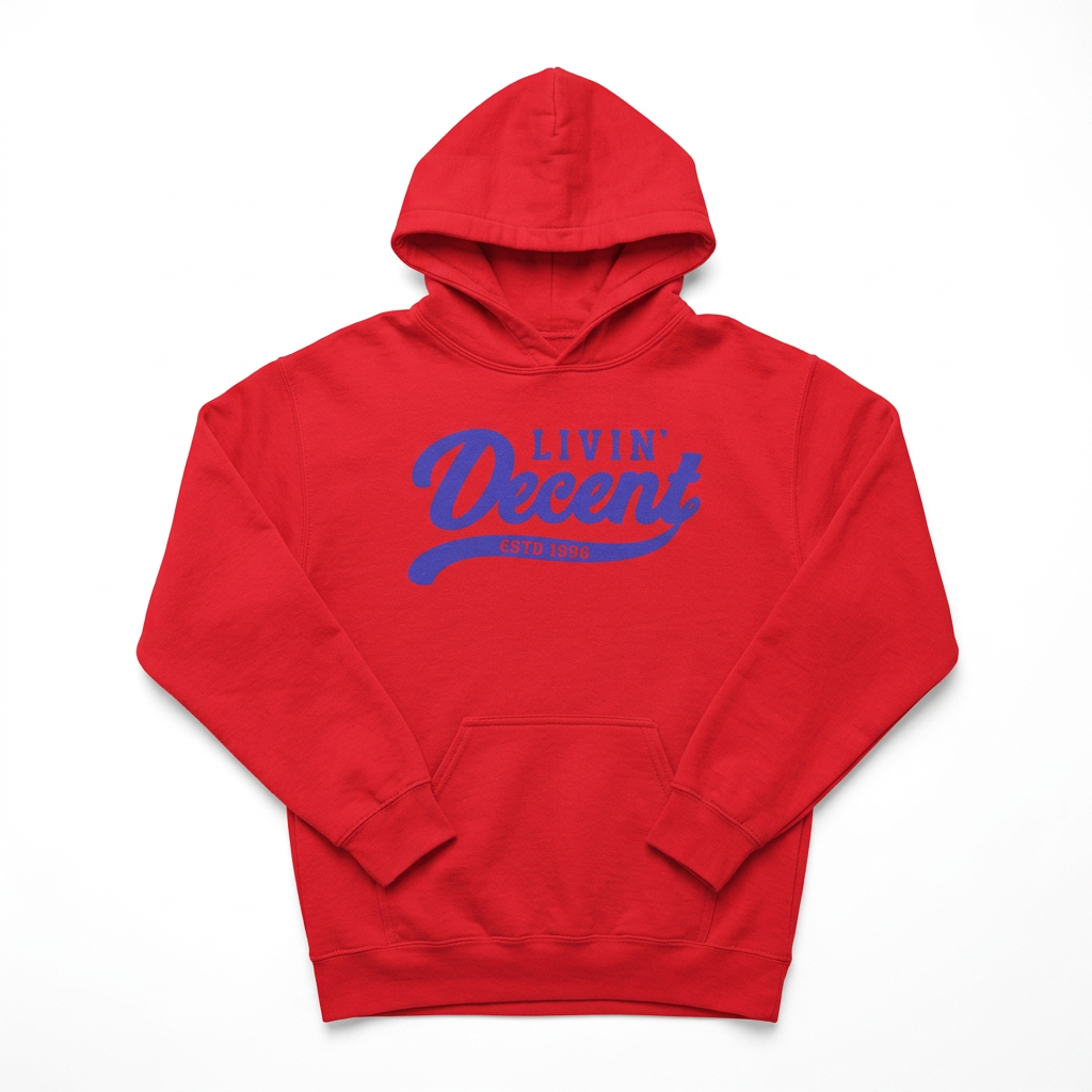Red hoodie with royal-blue print