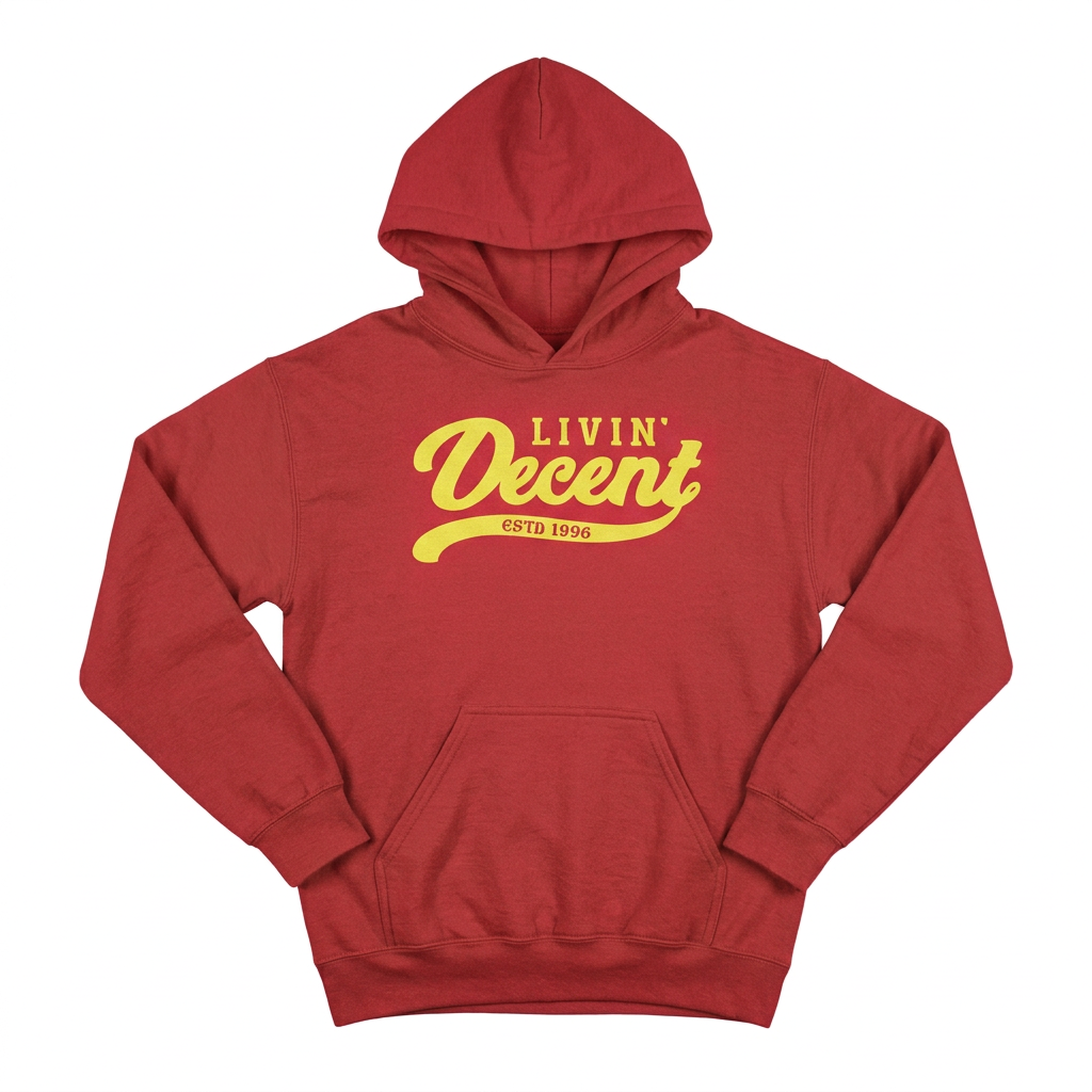 Red hoodie with yellow print on white