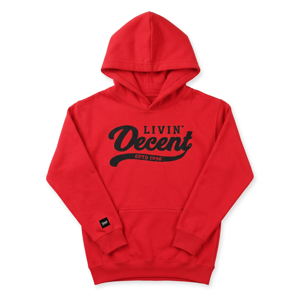 Red youth hoodie with black print