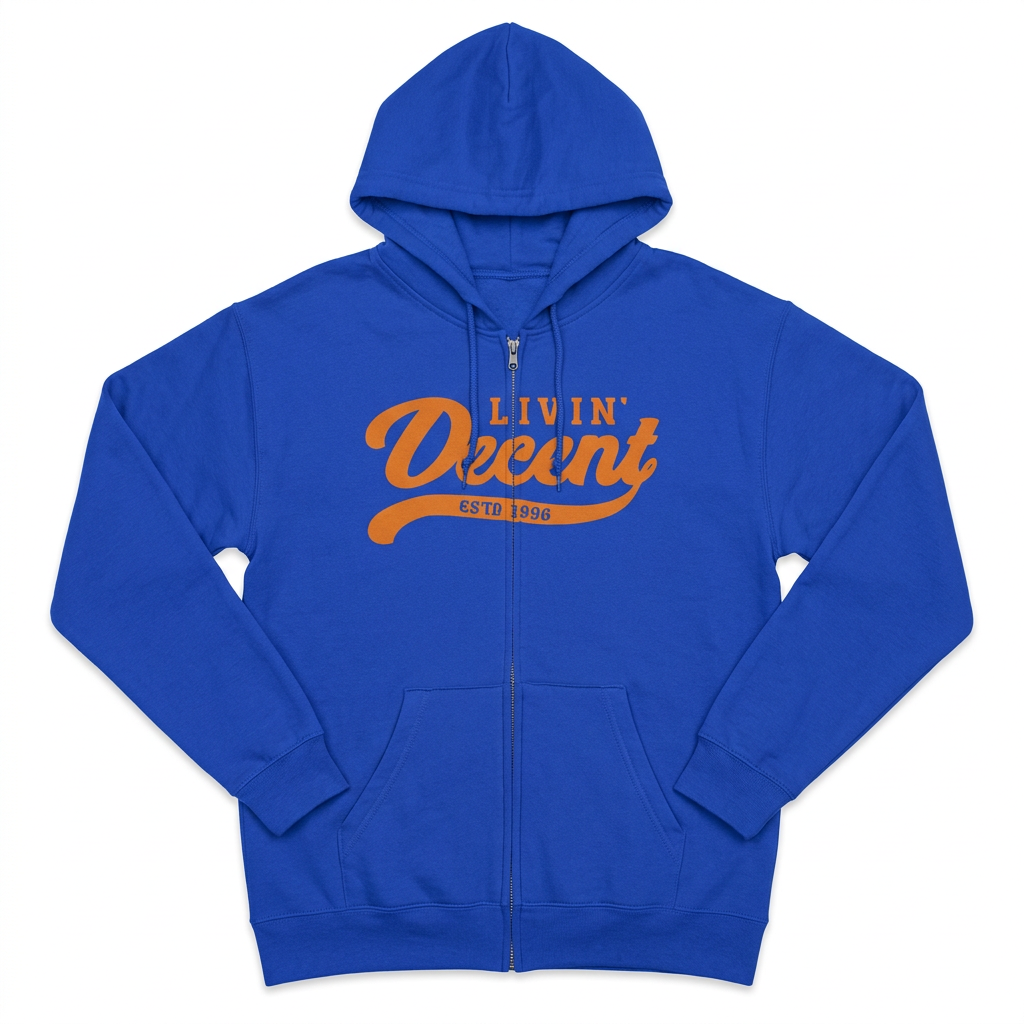 Royal blue and orange zip hoodie flat lay