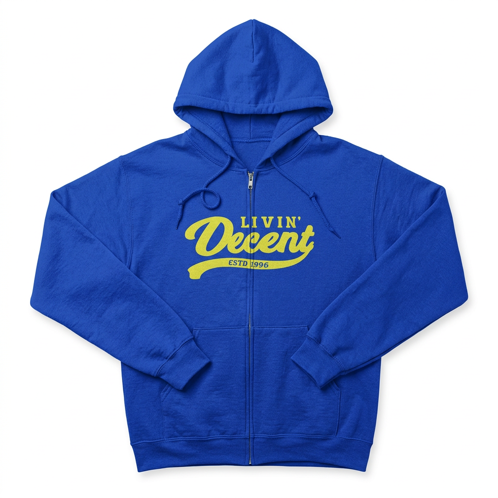 Royal blue and yellow zip hoodie flat lay