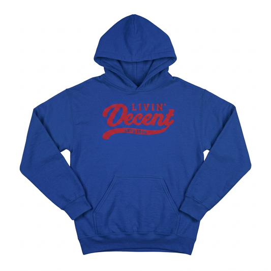 Royal blue hoodie with red artwork