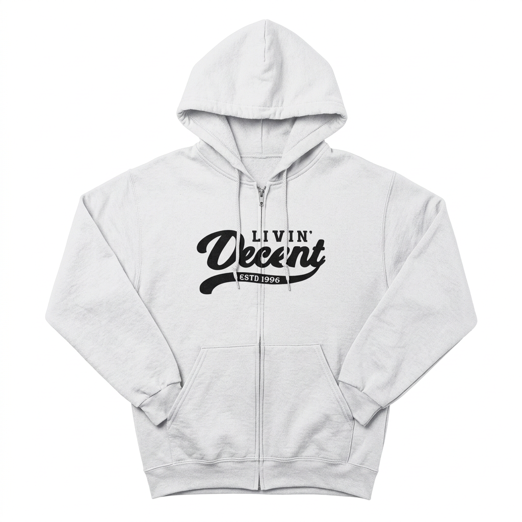 White and black zip hoodie flat lay