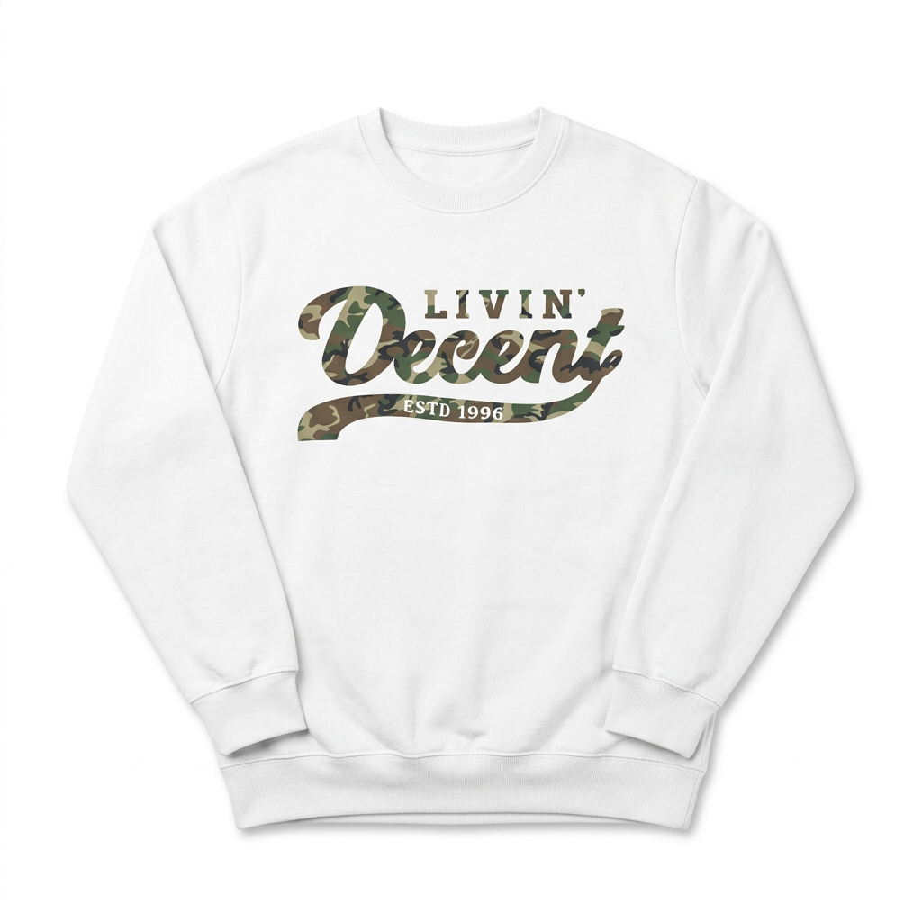 White crewneck with camo logo