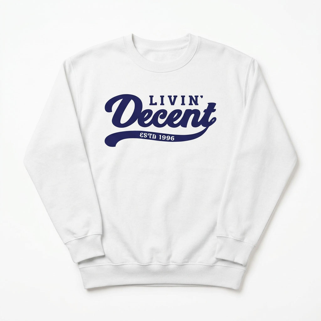 White crewneck with navy logo