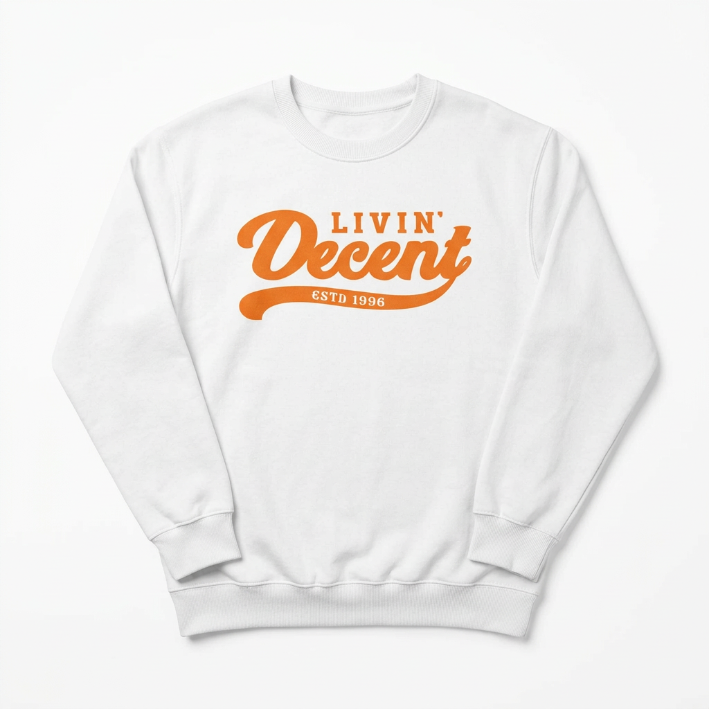 White crewneck with orange logo