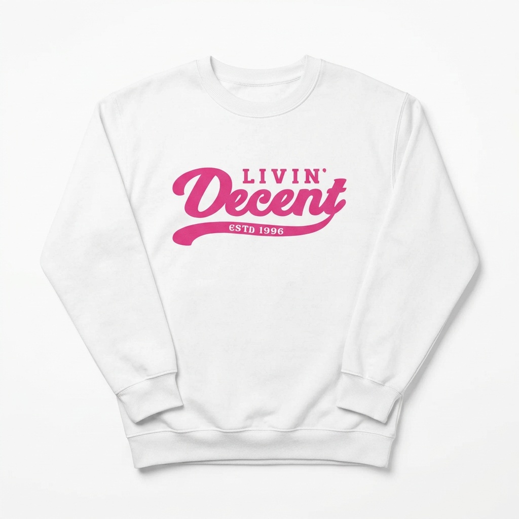 White crewneck with pink logo