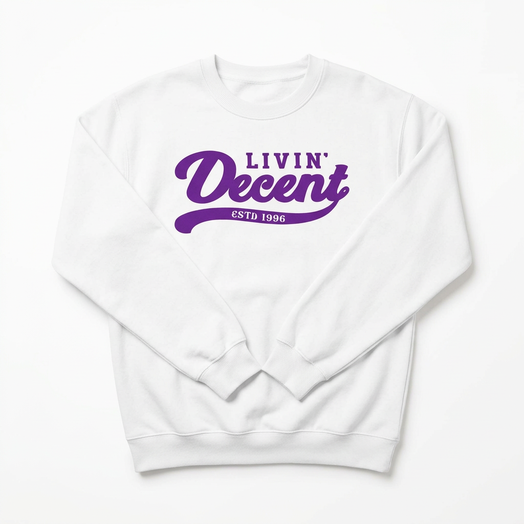 White crewneck with purple logo