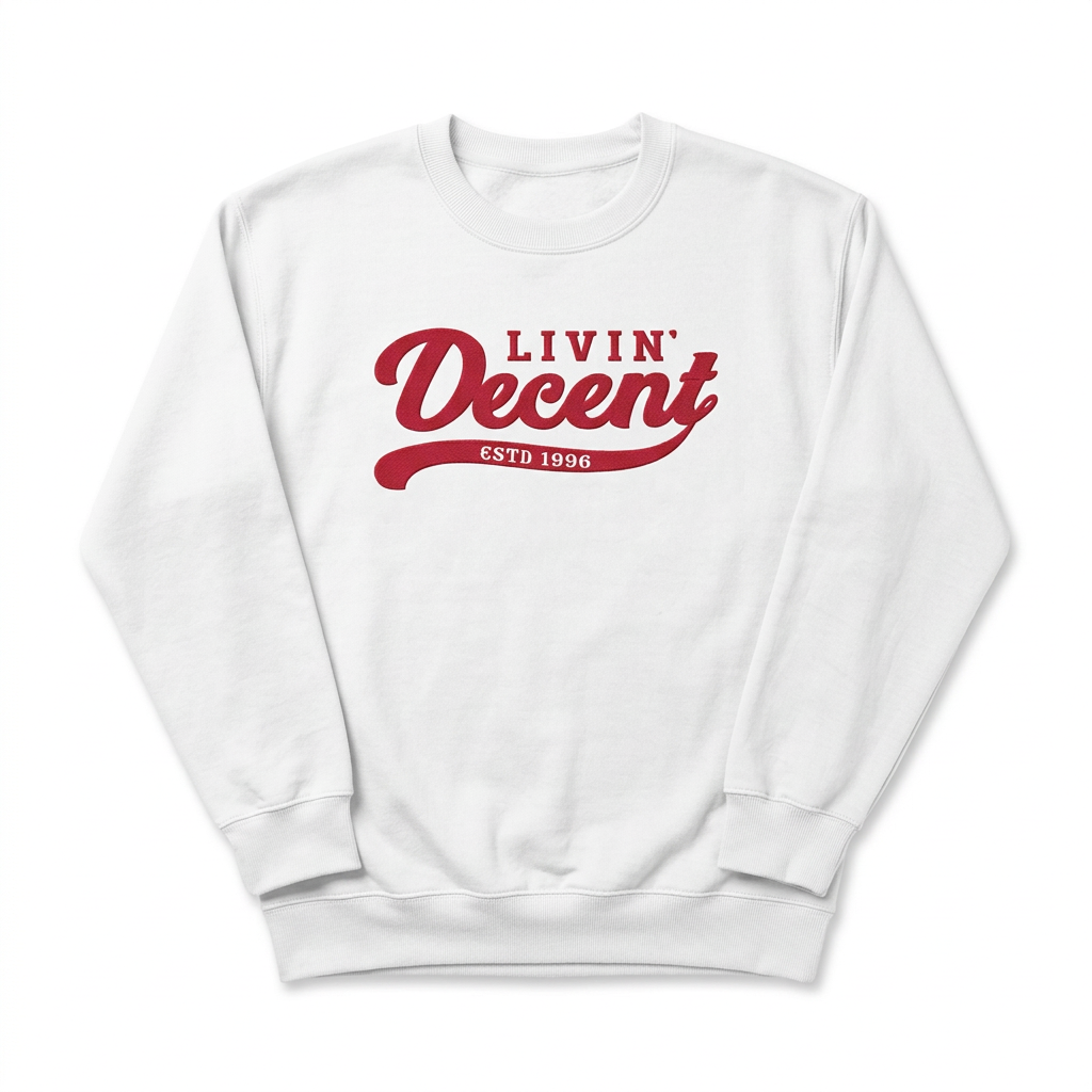 White crewneck with red logo