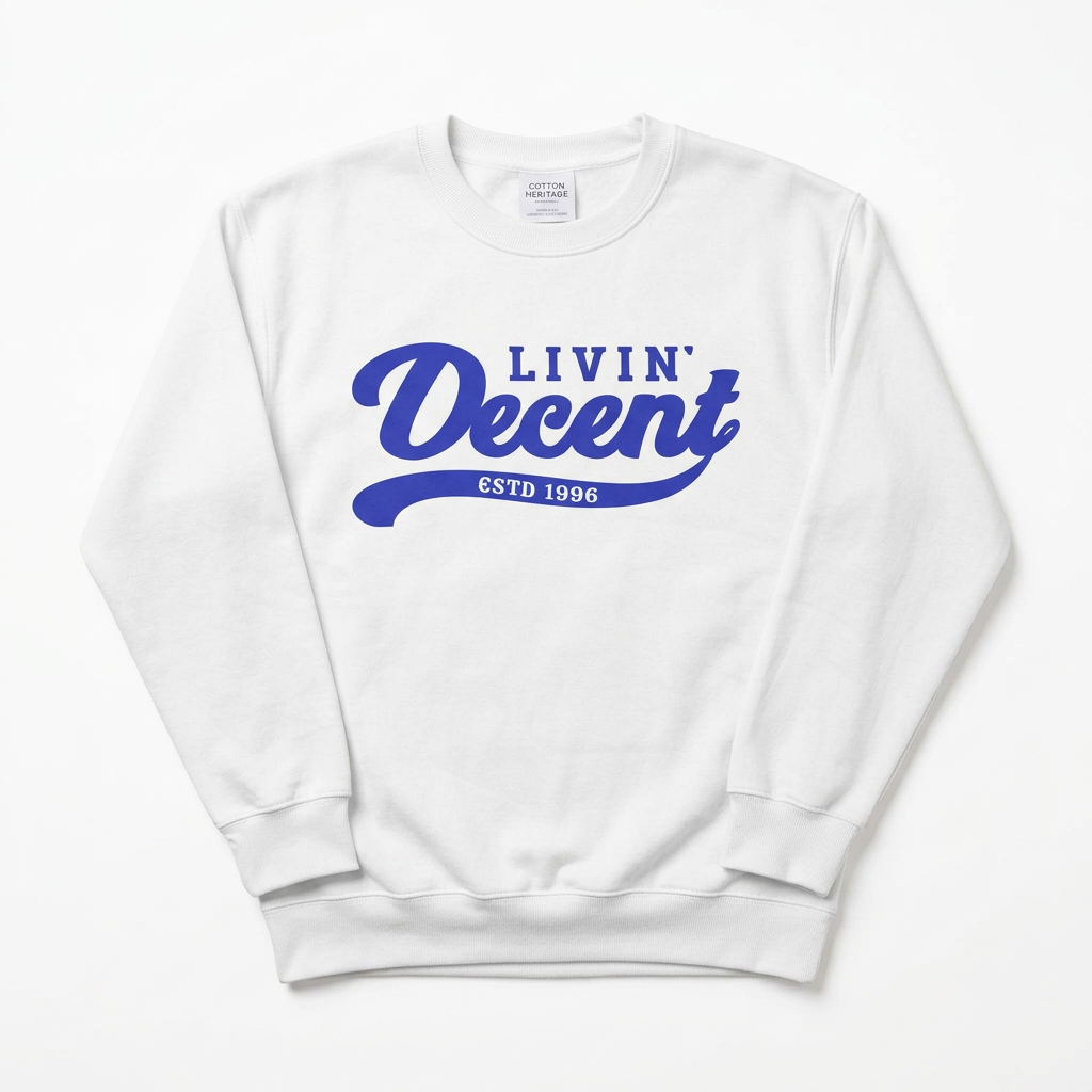 White crewneck with royal blue logo