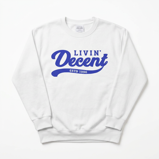 White crewneck with royal blue logo