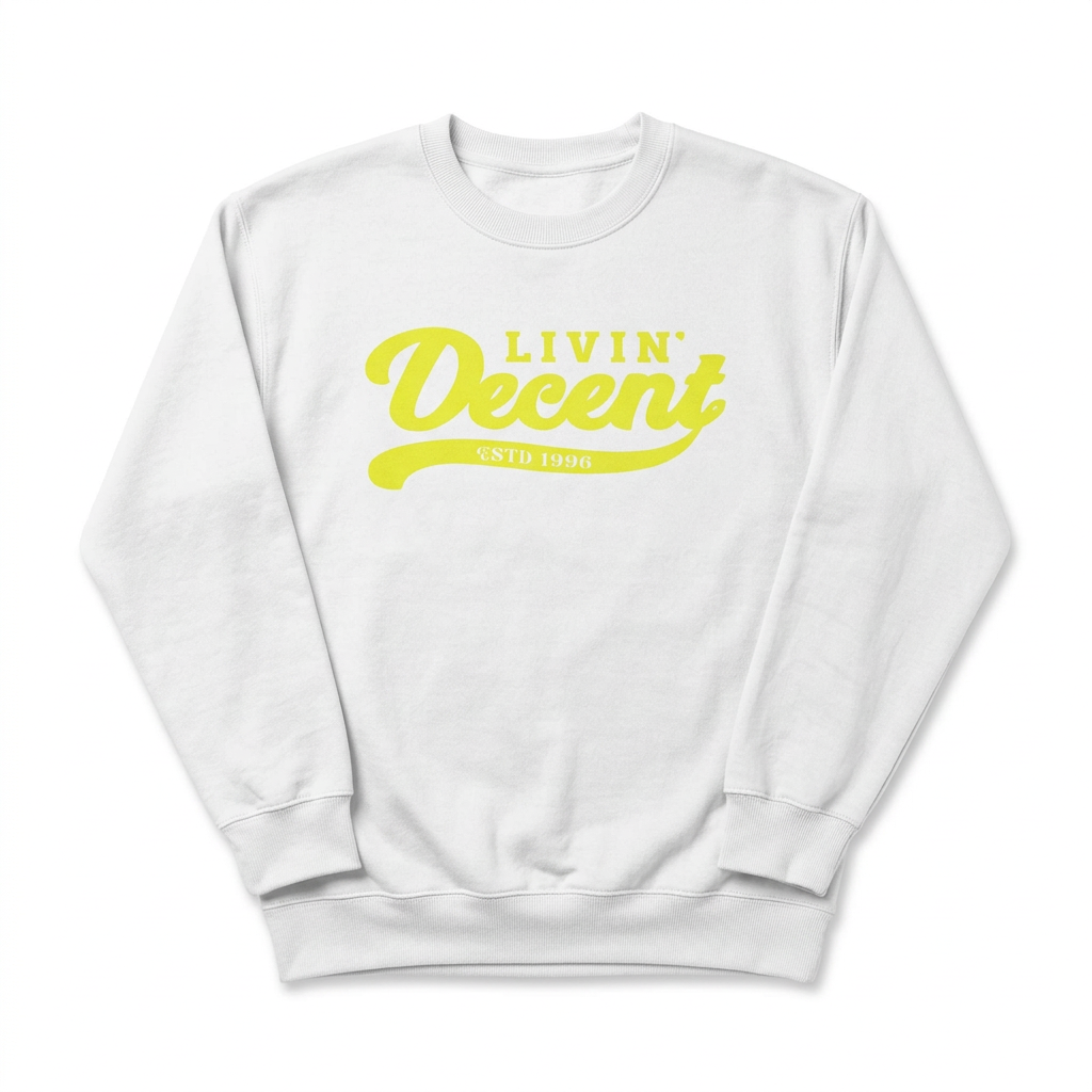White crewneck with yellow logo
