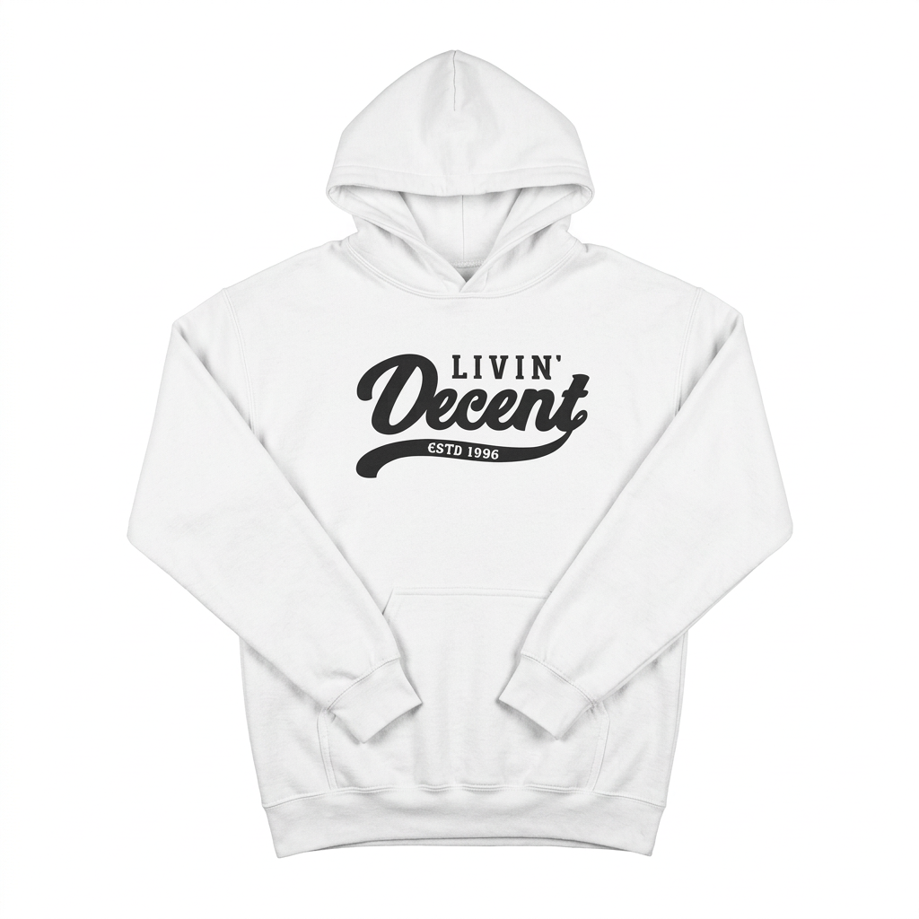 White hoodie with black print