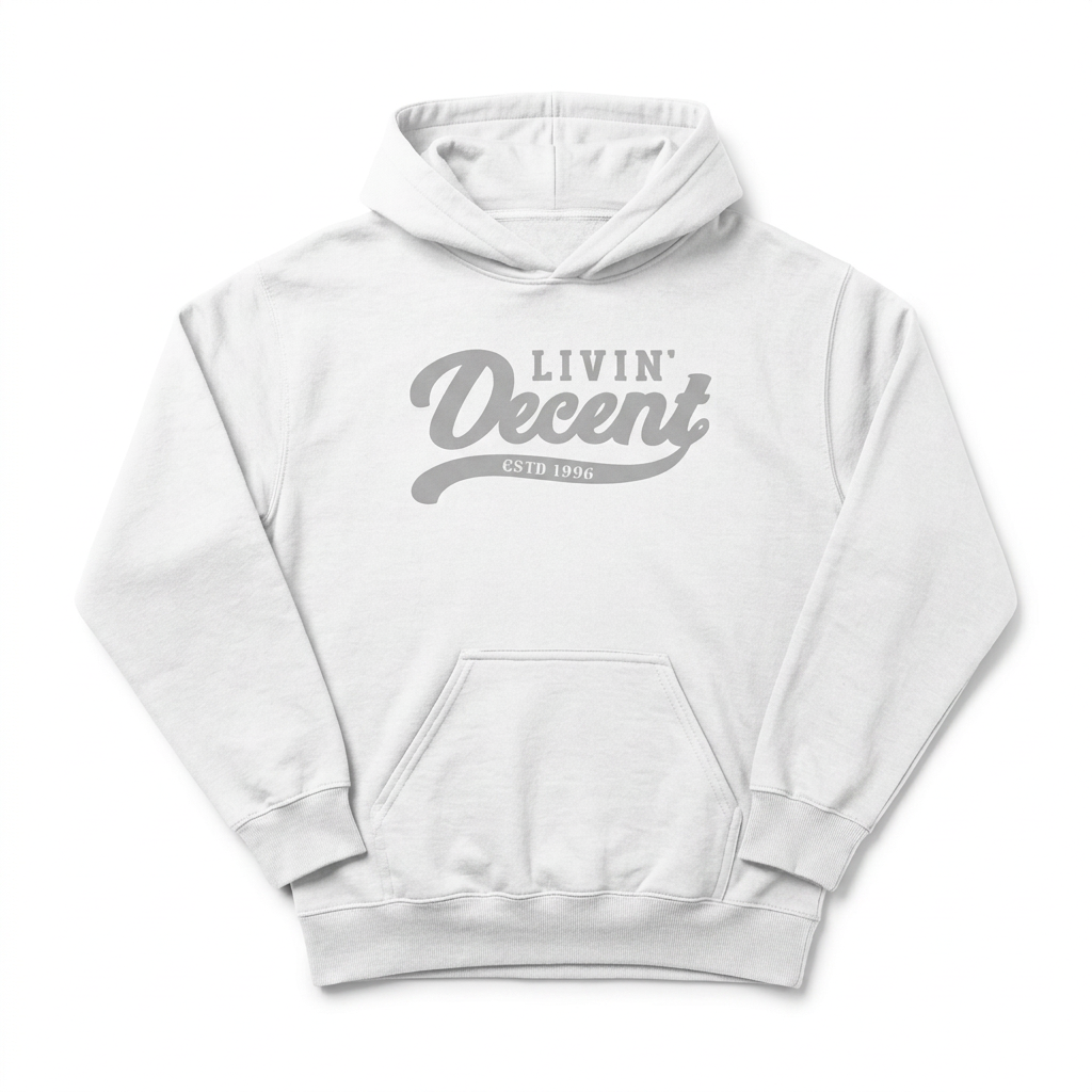White hoodie with grey print on white