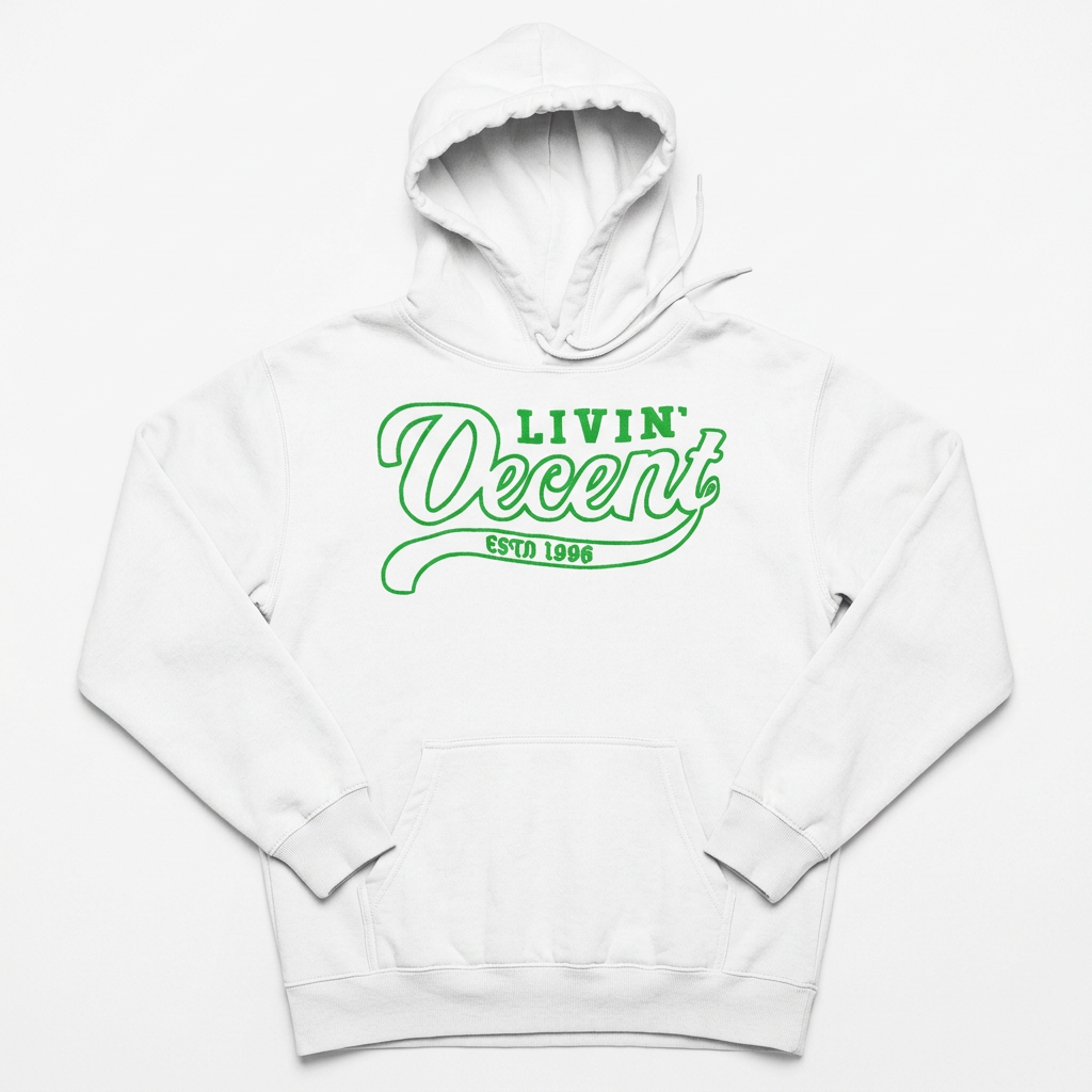 White hoodie with Kelly green embroidery