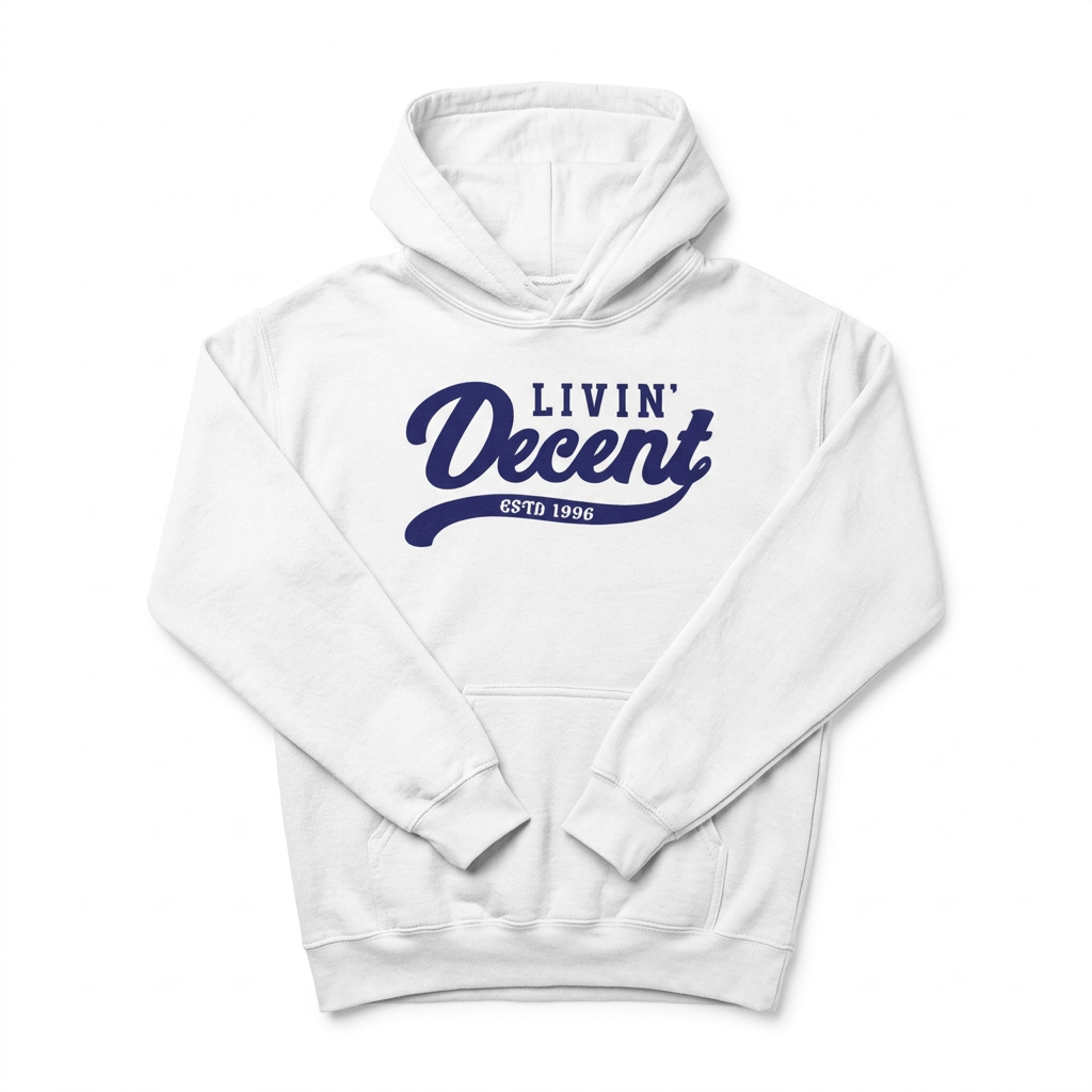 White hoodie with navy print